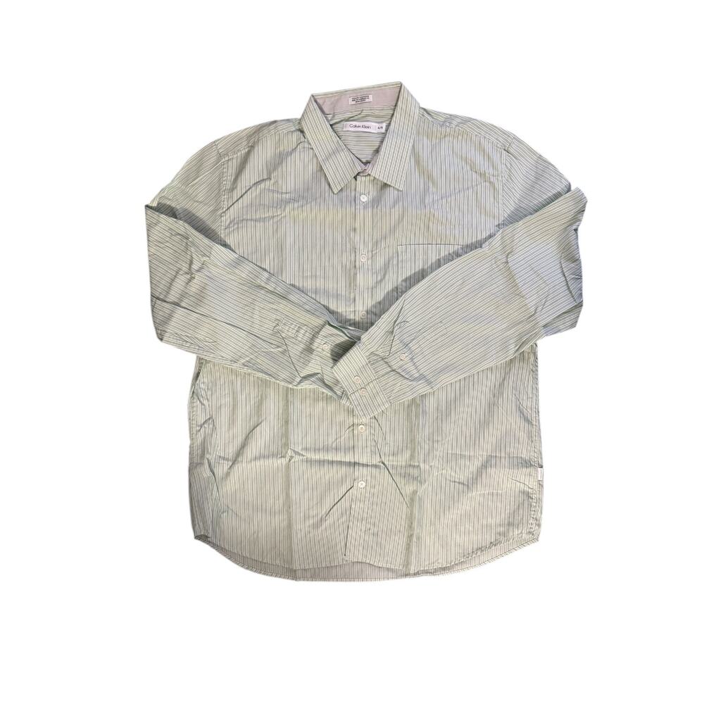Calvin Klein Button-Down Shirt Long Sleeve Green and Blue Pinstripes - Size XL